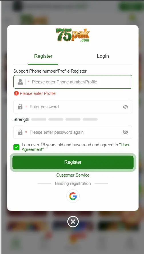 75Pak Game Register and login