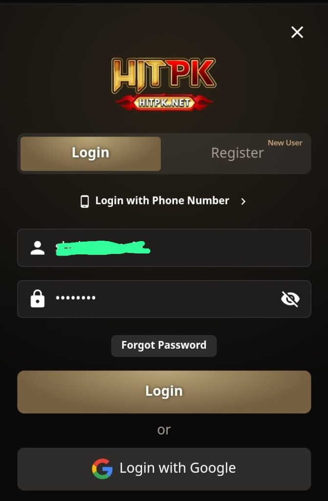 HITPK Game rigister and login