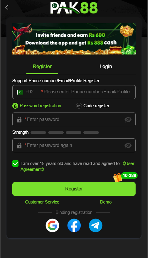 pak 88 Game Login and register